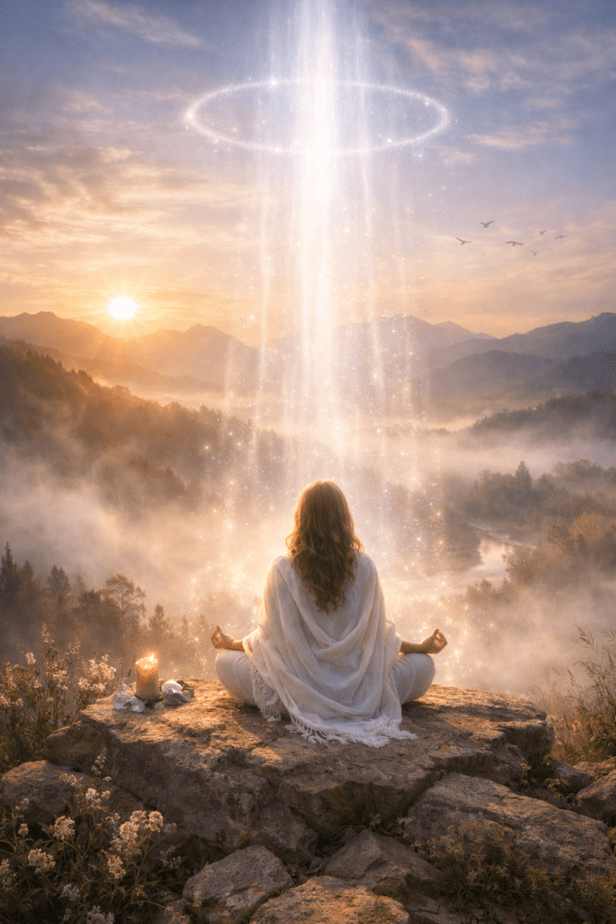 靈性冥想者在日出山谷中接受光能量,象徵人生迷茫時重新找回方向與內在力量