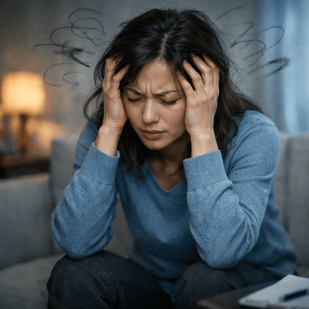 容易焦慮的人常出現過度思考與情緒壓力的狀態，女性抱頭表現焦慮情緒的情境